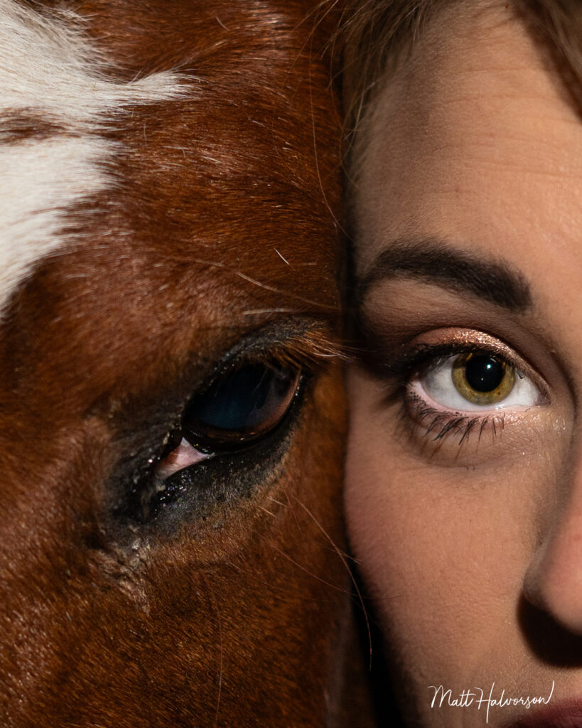 A close-up portrait showing a horse’s eye beside a woman’s eye, highlighting their bond through mirrored expressions and soft, dramatic lighting.